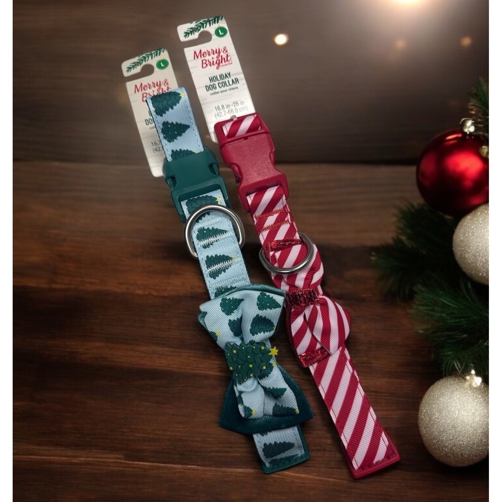 Lot Of 2 Merry & Bright Adjustable Large L Christmas Red Green Dog Sripes W/ Bow